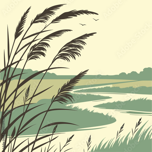 Tranquil wetlands landscape with abstract, flowing reeds and calm water, rendered in soft green and blue vector art.