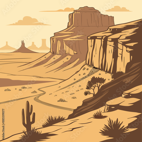 Desolate cliff desert landscape with a long, dramatic vector shadow cast across the terrain, stark beauty.