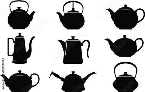 Black teapot silhouette icon set, classic kettle shapes collection, traditional tea pot symbols, minimal kitchen cookware vector illustration for branding packaging menu design