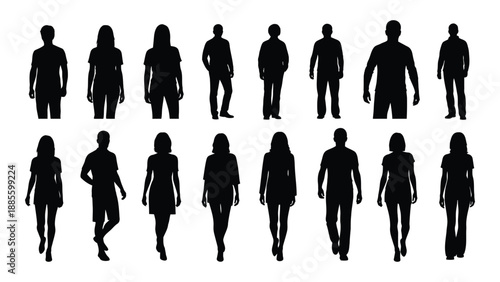 Silhouettes of people in various poses isolated on white background, Vector