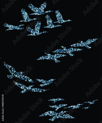 Flying Birds Silhouette Flock Vector Isolated on black Background.