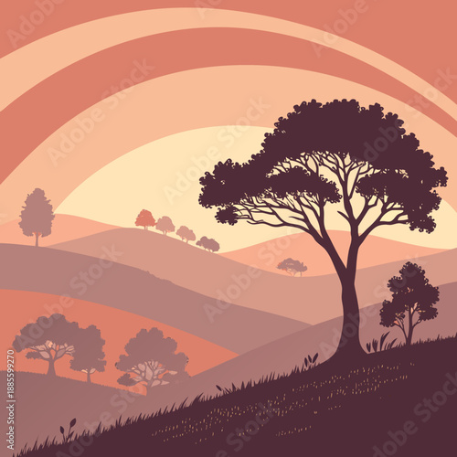 Magical evening hillscape with glowing, vibrant vector sky bands creating an ethereal and wondrous atmosphere.