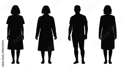 Silhouettes of four individuals isolated on white background, Vector