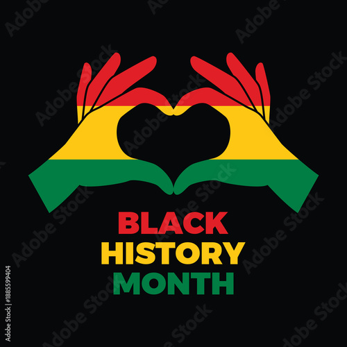 Black History Month poster with hand heart vector illustration. Hand heart gesture Pan-African flag icon. Red gold green african love hands flag symbol. Template for background, banner, card