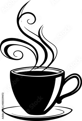 Steaming Coffee Cup Black Silhouette Line Art Illustration