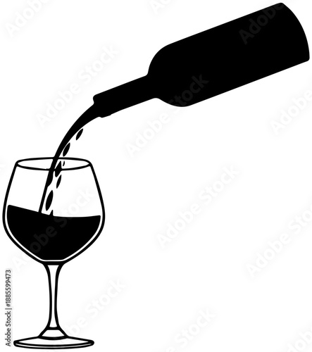 Wine Bottle Pouring into Glass Black Silhouette Illustration
