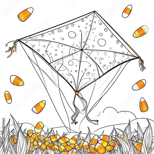 Line art of a kite with candy corn, over a field of corn, raining candy