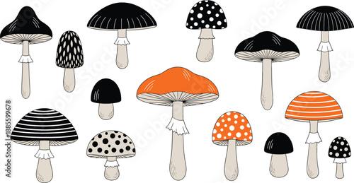 Flat vector set of stylized forest mushrooms with various patterns including polka dots and stripes in orange black and white for nature-themed surface patterns and nursery decor.
