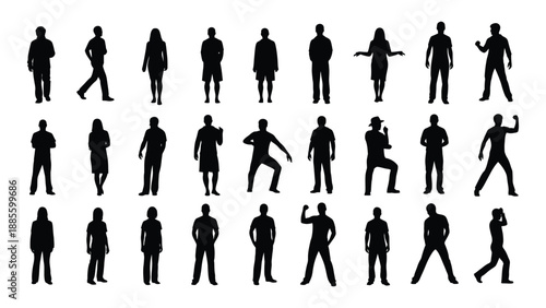 Collection of silhouetted human figures in various poses isolated on white background, Vector
