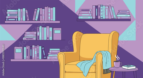 Cozy reading nook illustration with comfortable armchair, bookshelves, and a steaming mug, perfect for relaxation and intellectual pursuits at home.