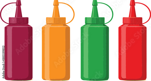 Flat vector set of colorful plastic condiment squeeze bottles in red yellow green and purple for restaurant menus fast food packaging and kitchen sauce containers.