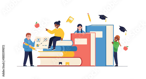 Diverse group of students enthusiastically engaging with a large stack of books, symbolizing collaborative learning, academic success, and the pursuit of knowledge in a modern educational setting.