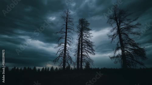 Dramatic moody view of trees against a stormy sky