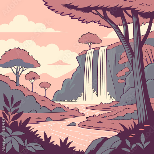 Magical fantasy floating waterfall landscape in a surreal, dreamlike vector style.