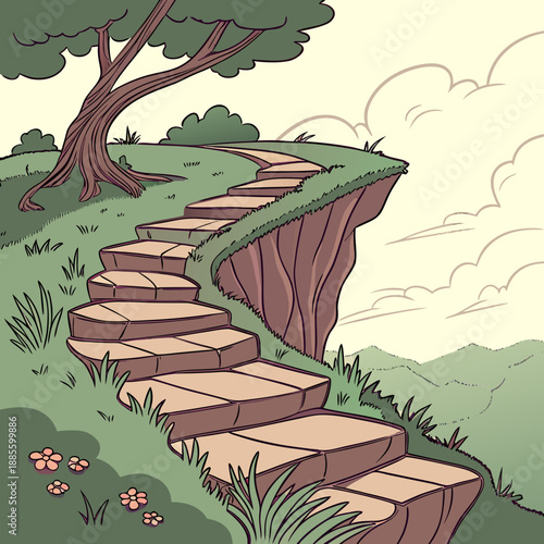 Enchanting fantasy cliffside landscape with ethereal floating stairs and surreal sky.