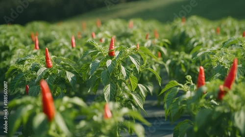 Red chili peppers growing in a lush green field.