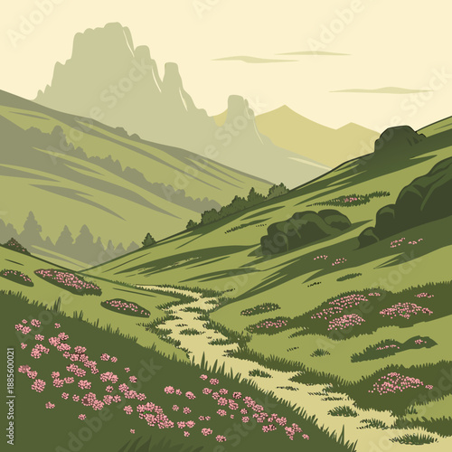 Peaceful fantasy highland landscape showcasing gentle curved vector horizons and soft color palette.