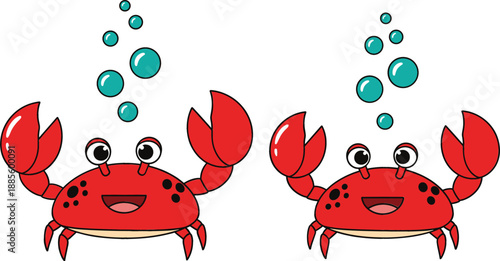 Cute red crab characters with air bubbles for underwater sea life theme nursery decor and children educational books flat vector illustration.