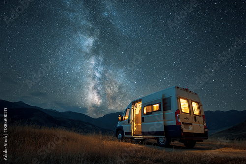 serene nighttime camping scene with camper van parked under starry milky way galaxy in vast open landscape with mountains in distance surrounded by tall grass and illuminated interior.
