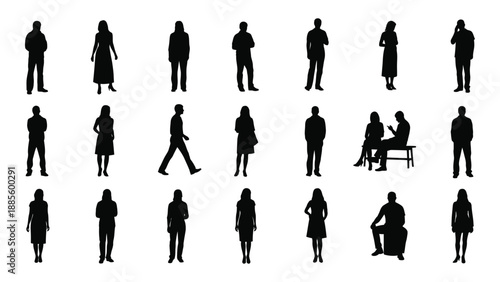 Silhouettes of people in various poses isolated on white background, Vector