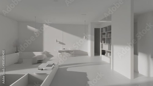 Minimalist interior design rendering of a modern, open living space.