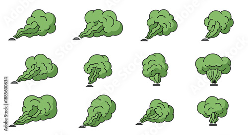 Sequence of green smoke clouds illustrates the progression of a gas leak or chemical reaction in several graphic steps.