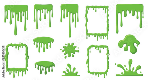 Various shapes of dripping green slime and liquid splats are shown as frames and decorative elements in this set.