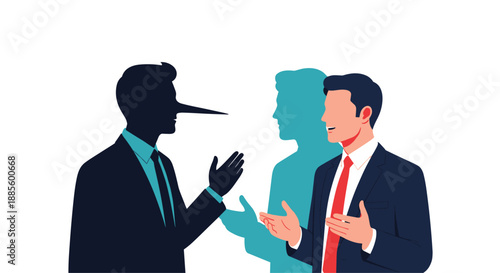 Two businessmen engage in a conversation where the shadow of one reveals a long nose symbolizing dishonesty or lies.