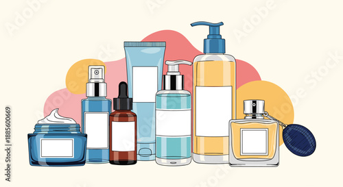 Diverse collection of cosmetic products including creams lotions perfumes and serums are arranged for a skincare routine.