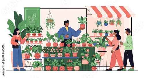 Customers browse and shop for a variety of potted plants and hanging greens in a modern indoor plant boutique store.