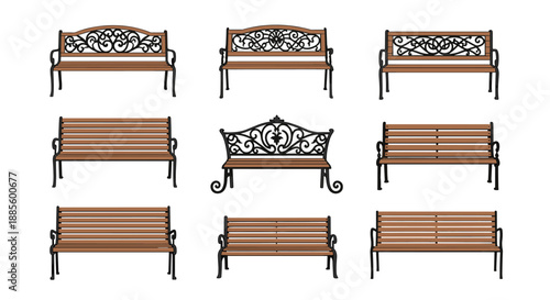 Selection of classic and modern park benches made of wood and wrought iron are shown for garden and public space design.