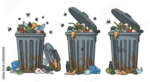 Group of overflowing trash cans attracts flies and creates a messy environment symbolizing waste management issues.