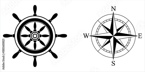 Nautical symbols: ship's wheel and compass rose for maritime navigation vector illustration.