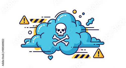 Conceptual design representing cyber danger and data threats featuring a skull and crossbones on a blue cloud.