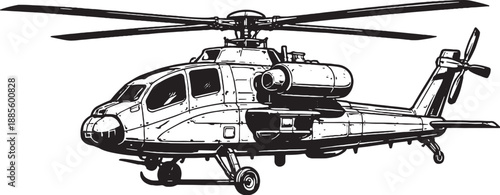 Military Helicopter Black and White Line Art Illustration