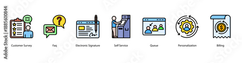 Smart Customer Solutions web banner icon vector illustration featuring Customer Survey, Faq, Electronic Signature, Self Service, Queue, Personalization, and Billing.