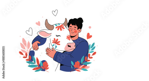 Person sharing a warm and loving embrace with a white cow decorated with vibrant floral patterns and green leaves.