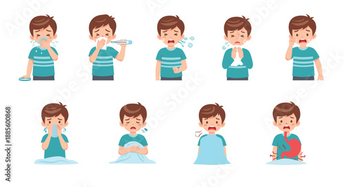 Set of illustrations showing a young boy suffering from various medical symptoms and common health conditions.