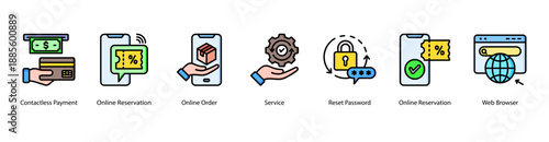 Seamless Online Transactions web banner icon vector illustration featuring Contactless Payment, Online Reservation, Online Order, Service, Reset Password, Online Reservation, and Web Browser.