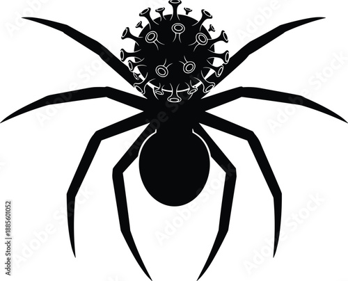 Abstract Silhouette Of A Large Spider With A Viral Cell On Its Head Representing Fear Infection Danger And Biological Threat Concepts Isolated On White Background