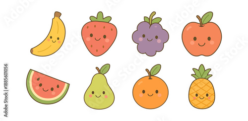 Cute Fruits Characters Set Cartoon Illustration in Flat Style