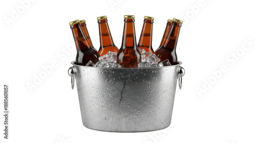 Five amber beer bottles in a metal bucket filled with ice on transparent background