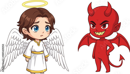 Angel and devil cartoon characters in symbolic good versus evil theme. Ideal for storytelling, moral design, fantasy art, and character illustration projects.