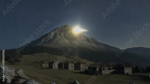 Dramatic landscape of mountain and small abandoned buildings.