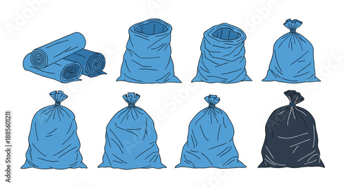 Group of large blue and dark grey plastic trash bags and heavy duty storage sacks for waste management and disposal.