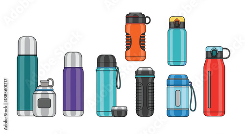 Collection of colorful insulated water bottles and thermoses in different sizes and designs for travel and hydration.
