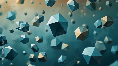 Floating polygonal shapes in teal and gold against a blurred gradient background, creating a dynamic and abstract composition