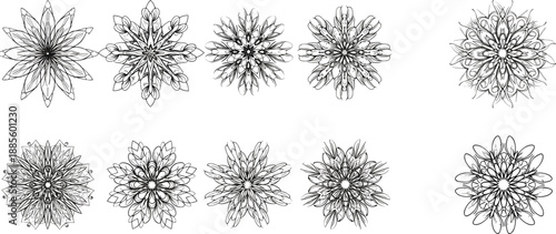 Black and white mandala-style floral designs in symmetrical patterns for coloring books, graphic design, decorative art, or geometric-themed visual content