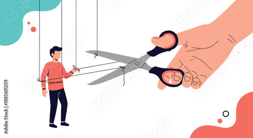 Large hand using scissors to cut the puppet strings attached to a man, symbolizing liberation, freedom, and independence.