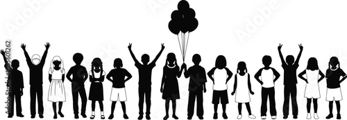 Black and white silhouette of a large group of diverse children standing together with raised hands holding balloons representing childhood happiness and friendship.